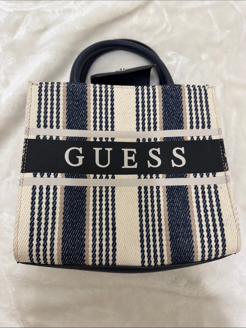 GUESS Navy, Cream & Tan Striped Tote with Logo Panel